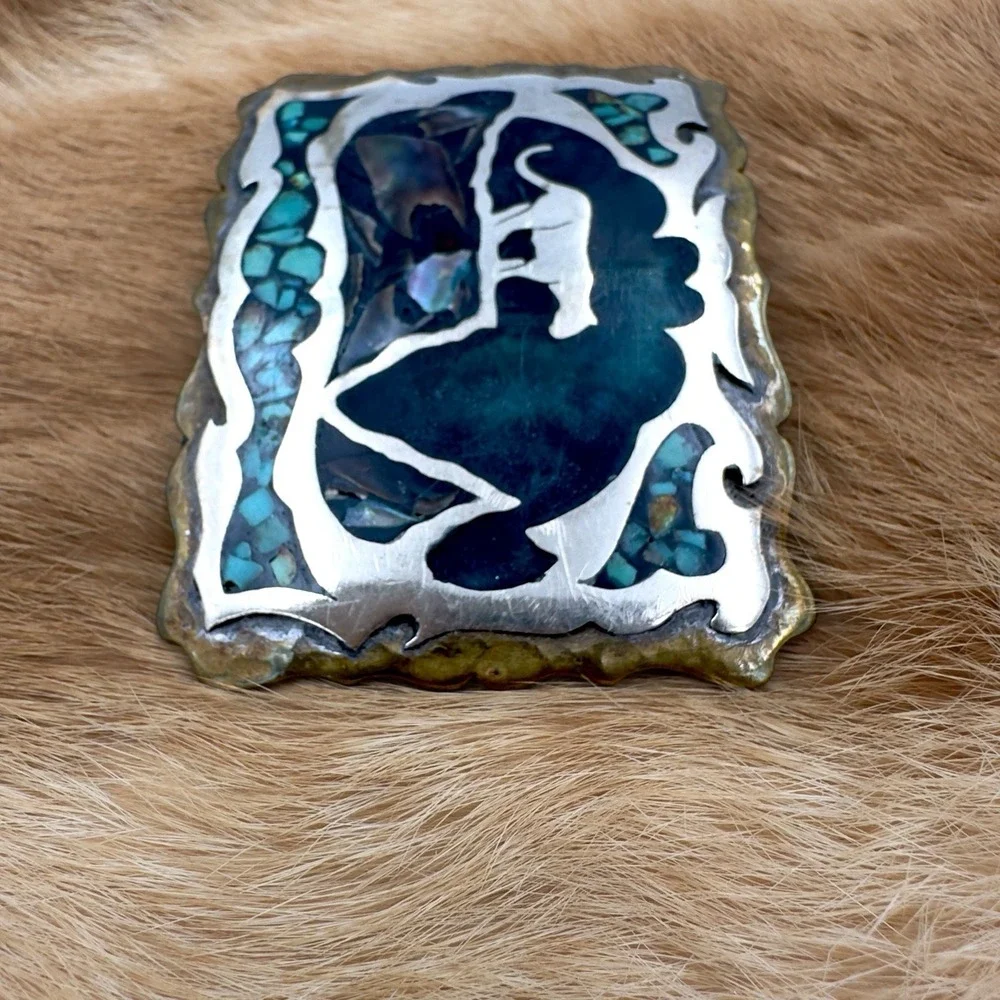 VTG Southwestern Panther Turquoise Abalone Chip Inlay Belt Buckle Mosaic Western